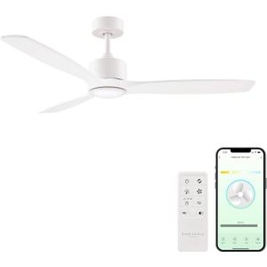 Madera Collection Smart 3-Blade 52in Ceiling Fan 2700K-6000K CCT Selectable LED Light Kit with Remote Control and White Hardware with White Wood Blades Works With iOS or Android App