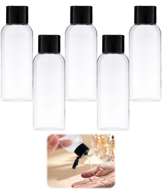 5 Piece Travel Bottles Set with Flip Cap, 60 ml Refillable Plastic Bottles, Empty Dispenser for Shampoo, Travel Size, Lotion, Essential Oils, Makeup Remover, Transparent and Leak-Proof