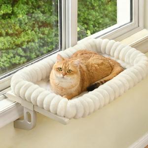 Zoratoo Cloud-Cuddle Cat Window Perch with 4-Sided Bolster, Zipper Design Cushion Window Seat for Window Sill, Sturdy Metal Frame & Easy Assembly Pet Hammock Bed for Indoor Cats (White, Large)