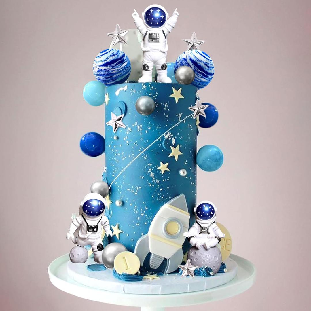 LaVenty Space Cake Toppers Outer Space Astronaut Rocket Stars Cake Decorations for Birthday Party Supplies Baby Shower (Blue)