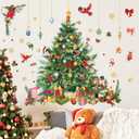 Decorated Christmas Tree Wall Decals, Cardinal Birds Gold Snowflakes Festive Elements Wall Stickers for Home Shop Holiday Party Wall Decoration