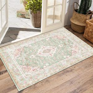 Vhong Washable Area Rugs Boho Vintage Modern Neutral Small Carpet Green and Pink High Traffic Rugs 2x3 for Bathroom Kitchen Entryway Non Slip