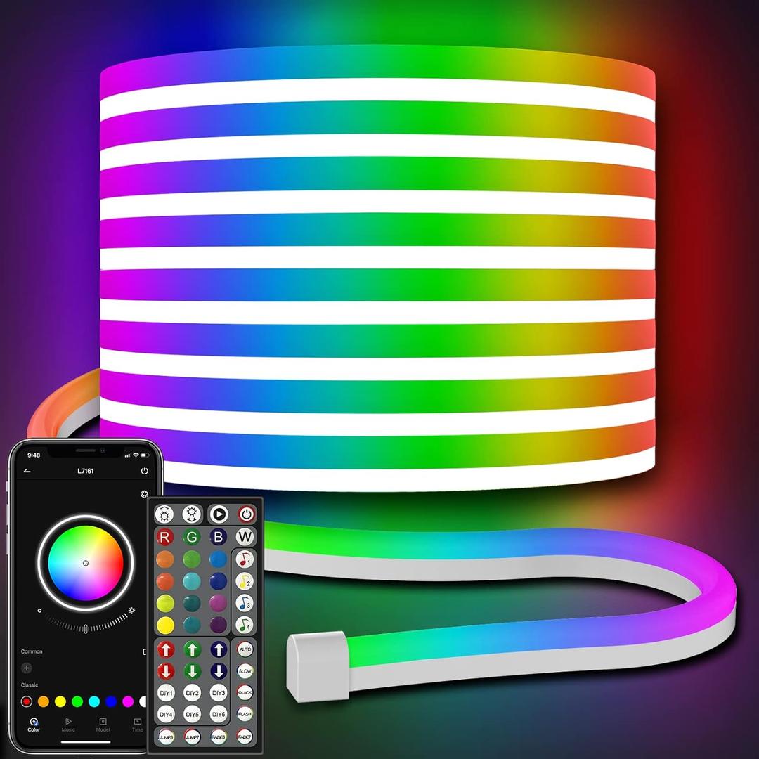 32.8Ft Neon Rope Lights,Flexible Led Rope Lights Control with App/Remote,Multiple Modes RopeLights,IP65 Outdoor RGB Led Neon Lights NonWater Resistant,Music Sync Gaming Led NeonLight Strip