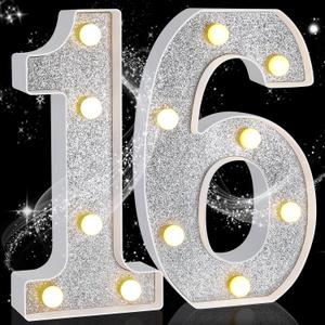 Treela 8.7'' Birthday Decorative LED Light up Numbers, Glitter Marquee Number Sign for Night Birthday Party Decorations Anniversary Bar LED Sign Backdrop Wall Table Centerpieces(16th,Silver)