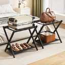 Fully Assembled Luggage Racks Set of 2, Bamboo Luggage Rack for Guest Room, Foldable Suitcase Stand with Fabric Storage Shelf for Bedroom, Hotel, Holds up to 165 lb, 26.77 x 16.93 x 22.5 Inches, Black