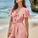 Cicy Bell Womens Cute Rompers Bow Front Puff Sleeve V Neck Short Jumpsuits Sexy Summer Outfits with Pockets (Pink, M)