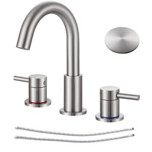 KZH Brushed Nickel Bathroom Faucet for Sink 3 Hole, 8 inch Widespread Bathroom Sink Faucet with Pop Up Drain and 360 Swivel Spout