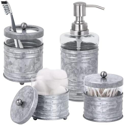 Autumn Alley Farmhouse Matte Galvanized Bathroom Accessories Set (1 PCS) - Lotion Soap Dispenser, Toothbrush Holder Set, 1 Glass Apothecary Jars (Qtip Holder) - Rustic Bathroom Accessories Set