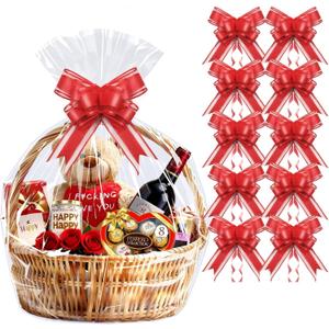 PigPotParty 24x30 Inch Large Cellophane Bags for Gift Baskets with Red Ribbon Bows, 10 Pack Clear Plastic Basket Wrap with Decorative Ties for Birthday, Mother's Day, Wedding Present