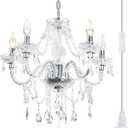 PAPAYA Plug-in 5 Light Crystal Hanging Pendant Lights Acrylic Chandelier with Clear Cord & On/Off Switch H19 D19.7 for Kitchen Island Girls' Room Dining Area Laundry Pavilion.