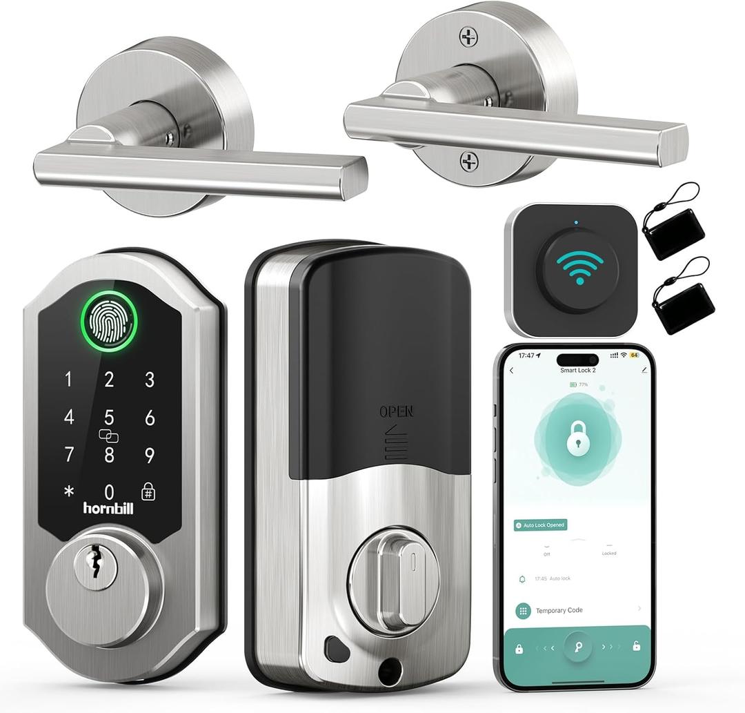Hornbill Smart Lock Deadbolt Set WiFi: Keyless Entry Fingerprint Door Lock with Handle Keypad Code App Fobs, Alexa Smart Deadbolt - Satin Nickel