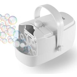 Bubble Machine, Automatic Bubble Blower Machine, Portable Bubble Maker for Outdoor and Indoor Use, Powered by Plug-in or Batteries with Two Speed Modes (White)