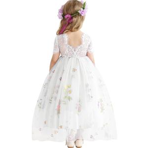 Flower Girl Lace Back V-Neck Dress Full-Length Floral Embroidered Toddler Tutu Tulle Dresses for Girls 5-6Y, White