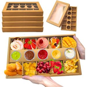 10pk 10-Grid Snack Bowls Heavy Duty, Kraft Paper Serving Window Tray Box, 15.5x9x2in Dessert Charcuterie Boxes, Oil-Proof Cookie Boxes With Window, For Outdoor Party Favor Boxes Takeout Container, (Brown)