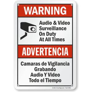SmartSign "Warning - Audio & Video Surveillance On Duty At All Times" Bilingual Sign | 7" x 10" Aluminum