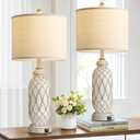 Farmhouse Table Lamps for Bedroom Set of 2, 28" Rustic Bedside Lamp with USB Ports, 3-Way Dimmable Nightstand Table Lamp for Living Room with Linen Drum Shade (Bulbs Included)