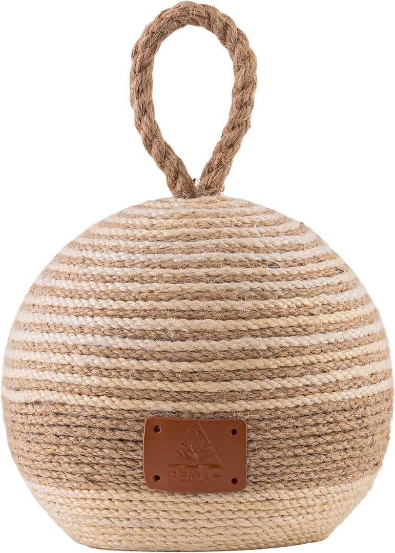 PEMAR Natural Wicker Door Stopper with Handle, Rustic Farmhouse Decorative Door Stop, Heavy Indoor Doorstop, Nautical Blocker Jammer 6.3''D Sphere Ball Shape (Jute)