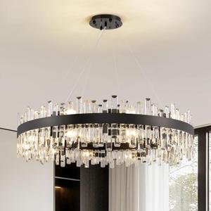Siljoy Modern Crystal Chandelier Farmhouse Black Round 2-Tiers K9 Crystal Raindrop Chandelier Adjustable Flush Mount Crystal Ceiling Light for Dining Living Room Entryway Foyer E12x20, D39.4''