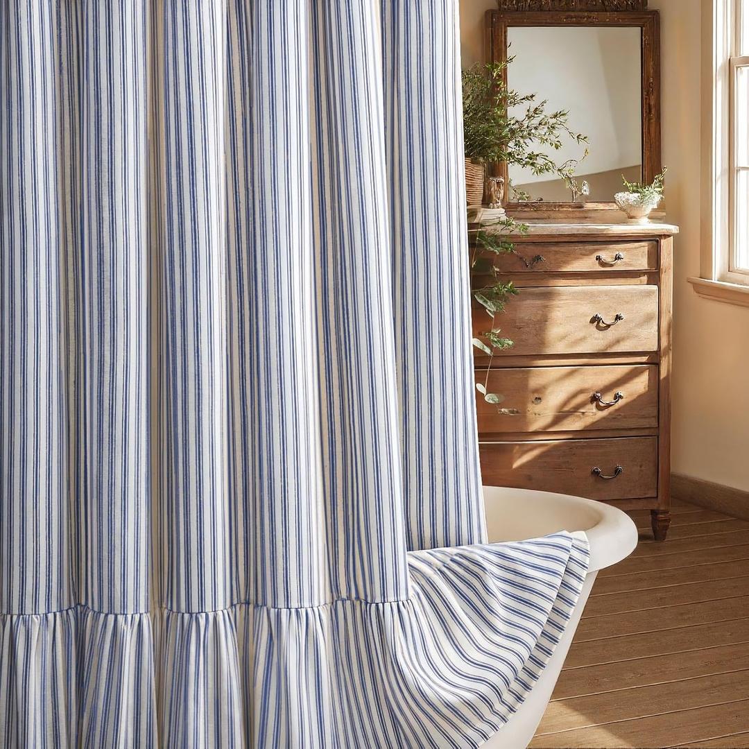 Farmhouse Shower Curtain with Ruffle Hem Linen Shower Curtains for Bathroom Country Vintage Rustic Natural Fabric, Cream-Blue Stripe 72" W x 72" L
