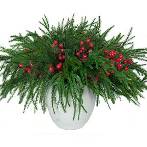 10 Pcs Christmas Norfolk Pine Stems with Red Berries,Real Touch Faux Cedar Norfolk Pine Branches,Fake Greenery Plants for Vase Table Centerpieces,DIY Crafts Picks Garland Wreath Home Christmas Decor