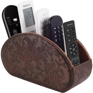 Tv Remote Holder Tray with 5 Compartment,PU Leather Remote Control Holder/Caddy,Placed Media Remote Storage Box/Glasses/Makeup Brush/Office Products/Desktop Organizers Nightstand Decoration (Retro)