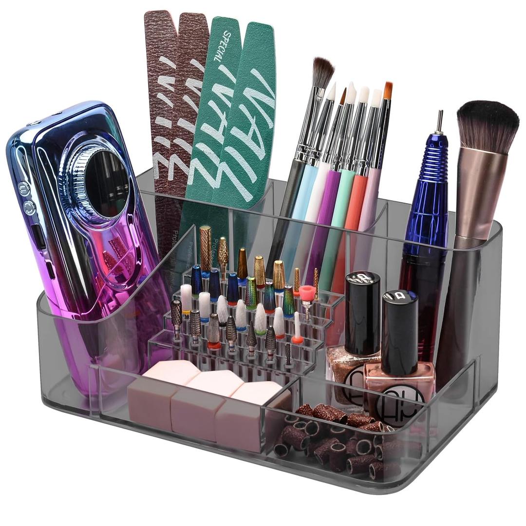 CGBE Nail Drill Machine & Nail Drill Holder, 28 Holes Acrylic Drill Bit Holder for Nails, Professional Nail Organizer and Storage Box Case (Not Including Nail Drill Machine & Bit) - Gray