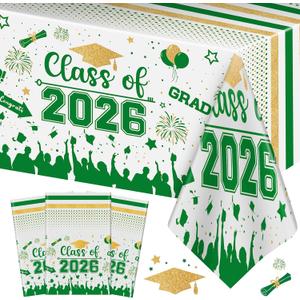 10 x Graduation Decorations Class of 2026 Tablecloth - 3 Pcs Plastic Congrats Grad Table Cloth, Graduation Table Cover for Graduations Party Decorations 2026 and Party Supplies, 54"x108" (Green and Gold)