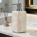 Travertine Stone Soap Dispenser Natural Organic Bathroom Soap Pump with Metal Push Pump, Elegant Square Hand Lotion Jar, Premium Heavy Duty Pump Bottle Lotion Jar for Kitchen/Laundry Room(Ivory White)