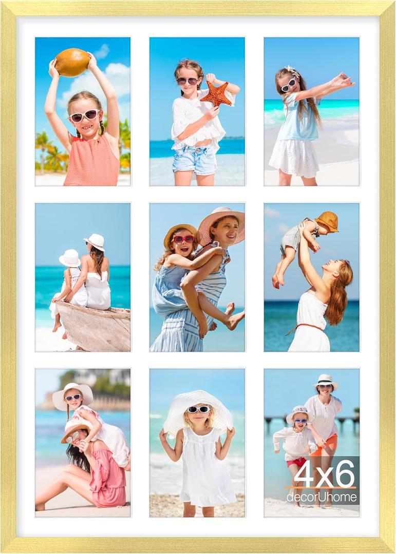 decorUhome 14x20 Picture Frames Collage Wall Decor, Display 9Pcs 4x6 Photos with Mat or 1Pcs 14x20 Unmatted, 9 4x6 Collage Picture Frames for Wall Mounting, Gold