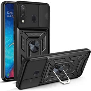 RKINC Case for Samsung Galaxy A20/A30/A50 Case with Slide Camera Cover & Rotated Ring Kickstand Military Grade Shockproof with Magnetic Car Mount Holder Cover, Black