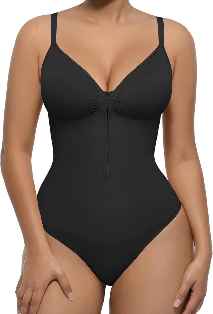 FeelinGirl Shapewear Bodysuit Tummy Control for Women Zip-Up Shapewear Thong Waist V Neck Body Shaper Going Out (Medium, Black)