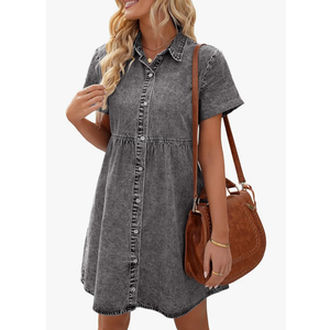 Eucsky Women's Short Sleeve Button Down Flowy Tiered Babydoll Denim Dress M Foxy Gray