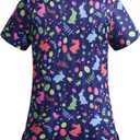 Easter Scrub Tops Women Stretchy Vneck Short Sleeve Cute Bunny and Eggs Printed Nurse Working Uniforms with 2 Pockets (Blue, M)