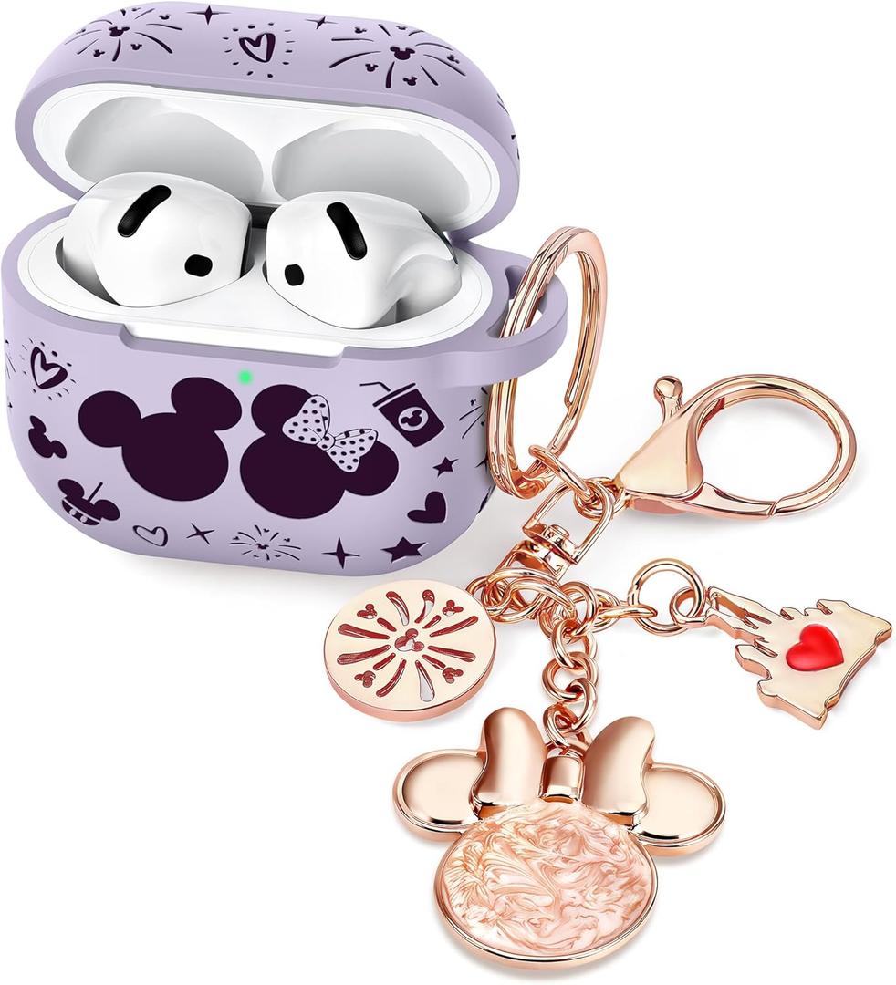 (with Cute Keychain) Girovo Compatible with Apple Airpods 4 Case 2024 Women, Soft Silicone Two-Tone Funny Cartoon Engraved Portable 360 Full Protection Anti-Scratch Air pod 4 Case Lavender/Purple