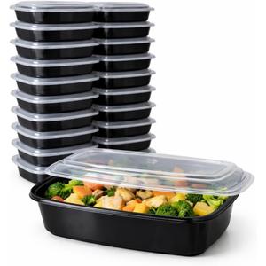 24 oz Meal Prep Containers with Lids, 50 Pack Black Round Food Storage Containers, BPA Free Plastic, Microwave Safe, Freezer Safe, Leak Resistant Takeout Containers