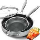 ATSENT Non Stick Frying Pans,Hybrid Frying Pan with Lid,Non Toxic Frying Pans Nonstick,Stainless Steel Skillet,Dishwasher and OvenSafe,Compatible with All Cooktops, 2Piece Set (8+12in)