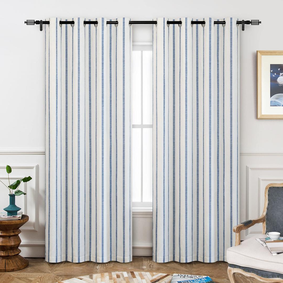 DriftAway Farmhouse Linen Blackout Curtains 84 Inches Long for Bedroom Striped Double Layer Thermal Insulated Sound Reducing Lined Grommet Rustic Drapes for Living Room 2 Panels W52 x L84 Navy