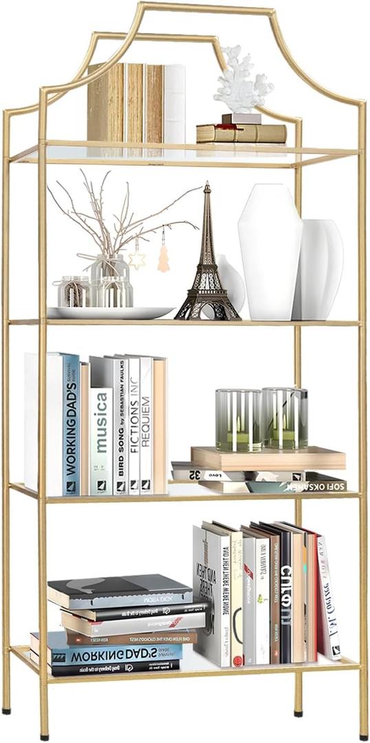 4 Tier Bookshelf, Metal Book Shelf for Storage, Tall Storage Display Bookcase, Modern Open Book Case for Bedroom, Living Room, Glass Office Organization Shelf, 66.3" X 26" X 13"