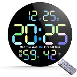 Large Digital Wall Clock, Digital Clock Large Display with Seconds Precision Display Auto Brightness Remote Control Timer Input Muteable Button, Digital Clock for for Living Room, Bedroom, Office (Static Colorful)