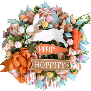 TEMPUS 18" Easter Mesh Wreath for Front Door - Handmade Carrot & Bunny Sign Spring Decor with Burlap Bow - Pastel Blue Orange Farmhouse Door Hanger