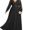Pinup Fashion Women Plus Size Formal Dresses - Long Sleeve Evening Gown Applique Chiffon Maxi Dress, XL