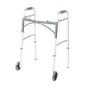 Drive Medical Two-Button Folding Walker With Wheels - Lightweight Rolling Mobility Support - Adjustable Height - Dual Push-Button Operation - 5 Inch Front Wheels - Durable Aluminum - Silver