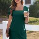 AlvaQ Womens Solid Color Casual Summer Square Neck Short Sleeve Mini Dresses with Pockets (Green, XXL)
