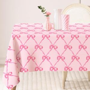 AnyDesign Pink Bow Tablecloth Pink Ribbon Bow Fabric Table Cloth Washable Table Cover for Coquette Birthday Baby Shower Home Kitchen Decor, 60 x 104 Inch (104" x 60" (Rectangular), Pink)