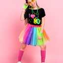 Blulu 80s Costume Accessories Outfit Set for Women T-shirt Tutu Skirt Leg Warmers Headband Earring Necklace Fishnet Gloves (Small, Black With Rainbow)