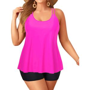 Plus Size Tankini with Shorts - Women Two Piece Swimsuits Bathing Suit Scoop Neck Flowy Swimwear 2025 (Hot Pink)