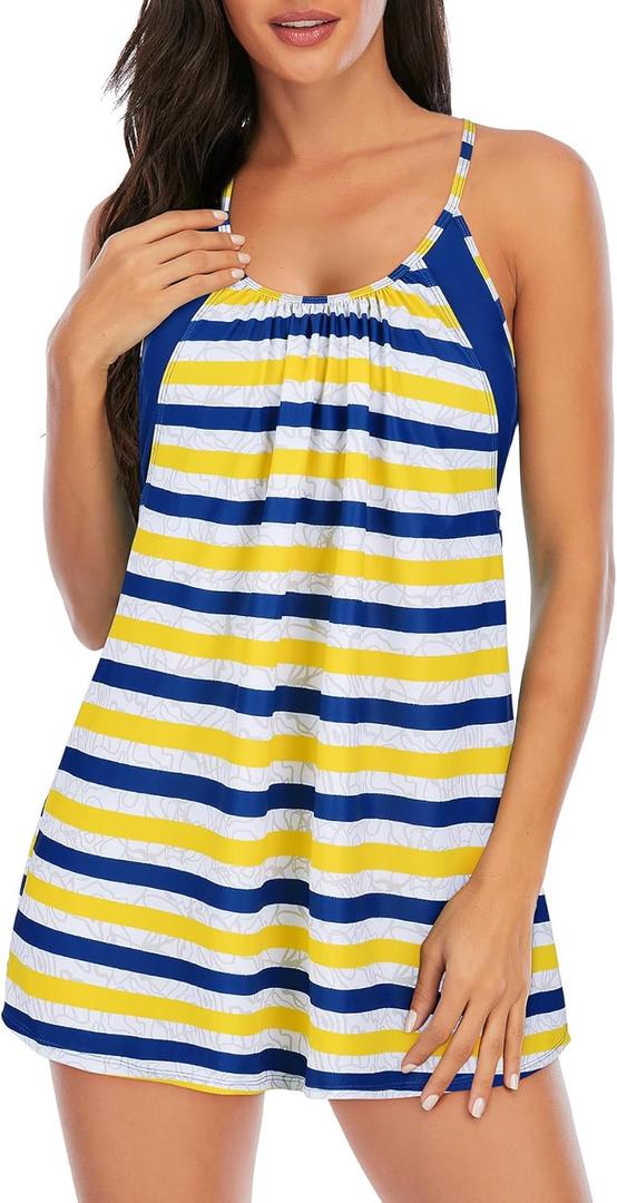 Zando Tankini Swimsuits for Women 2024 Athletic Two Piece Bathing Suit Sporty Swimwear Long Torso Swim Top with Boyshorts (10-12, Blue Yellow Stripes)