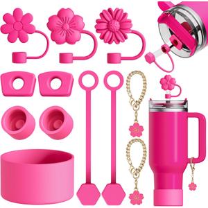 12Pcs Compatible with Stanley Cup Accessories - 3 Flower Straw Toppers for Stanley Straw Cover 9-10 mm, 1 Silicone Boots, 6 Spill Proof Stopper, 2 Charms for 30&40 Oz Tumbler Hot Pink