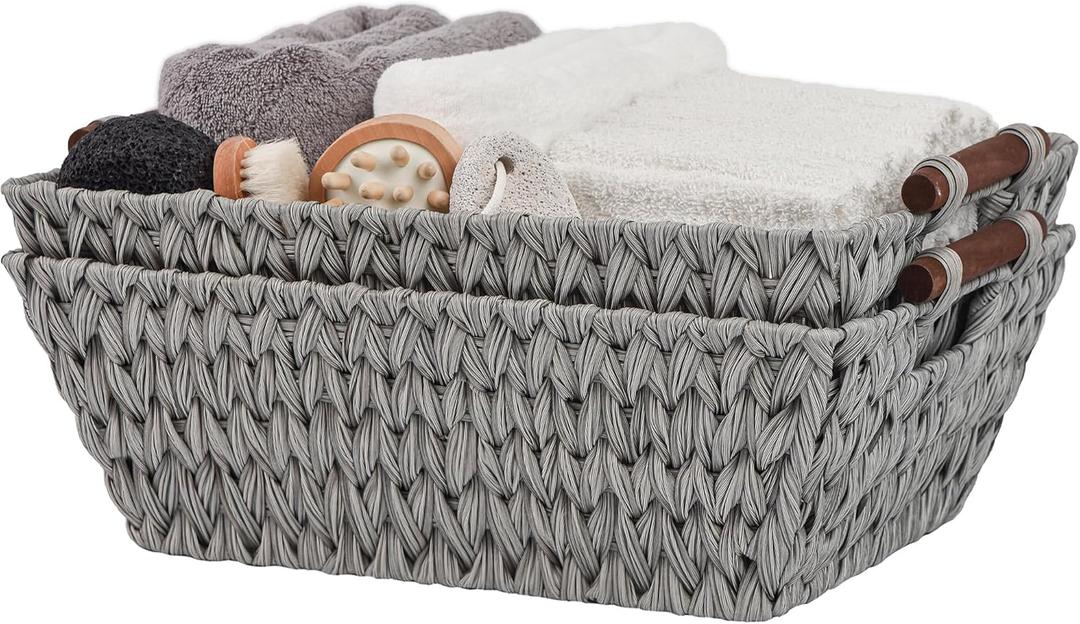 GRANNY SAYS 2-Pack Wicker Storage Baskets, Wicker Baskets for Organizing, Trapezoid Woven Basket with Handles, Storage Basket for Shelves, Gray (17"L x 13"W x 5"H)