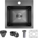 15 x 15 inch Drop in Bar Sink Black, Black Bar Sink 18 Gague Topmount Single Bowl Small Kitchen Sink with Basket Strainer Drain & Bottom Grid